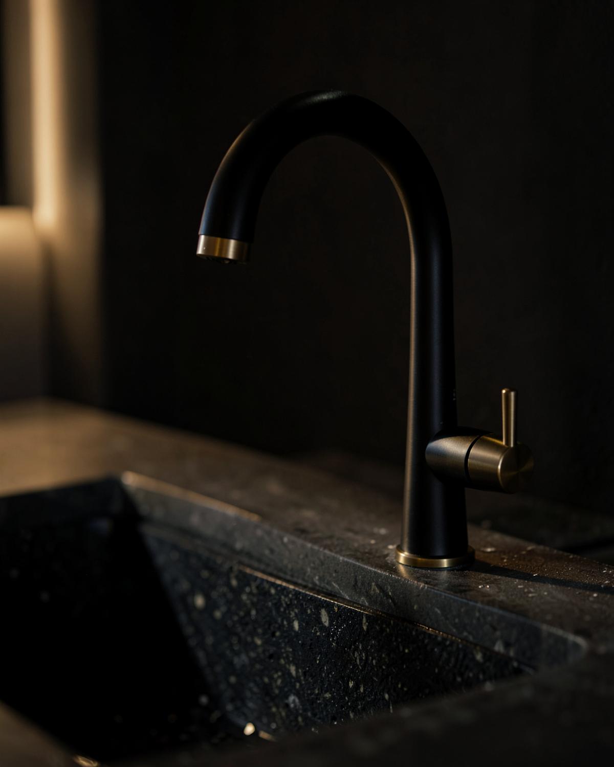 Brass kitchen tap on clean countertop
